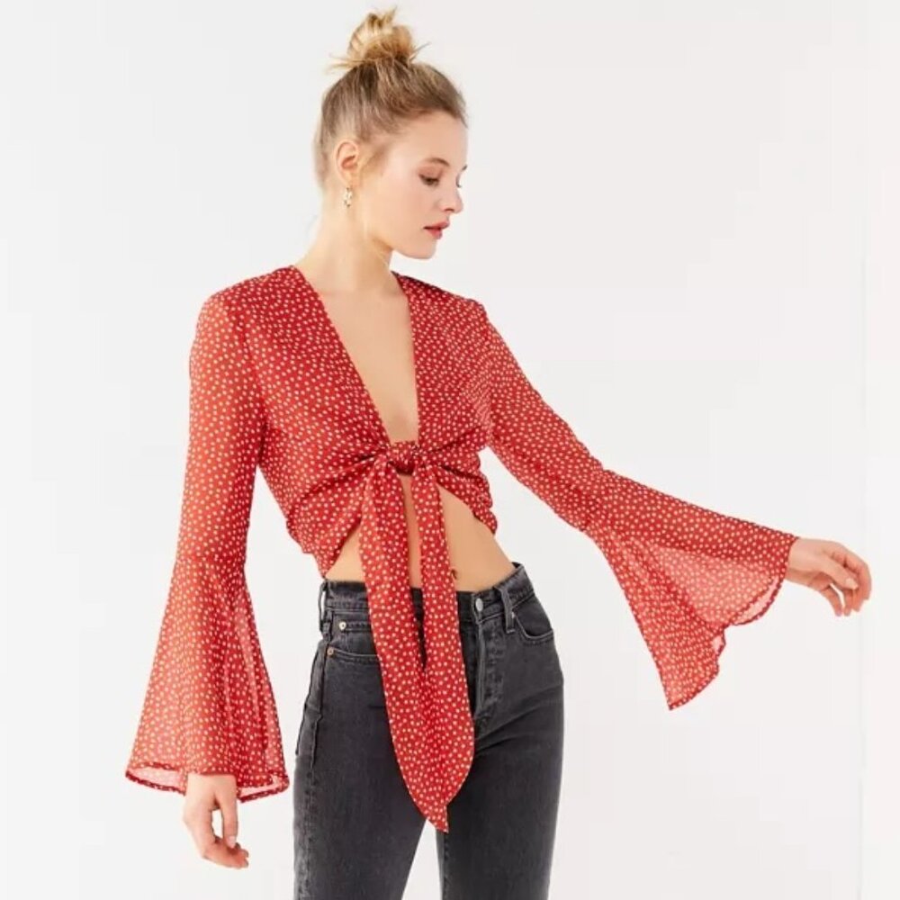 ✨ Tie-Front Bell Sleeve Crop Top | Urban Outfitters